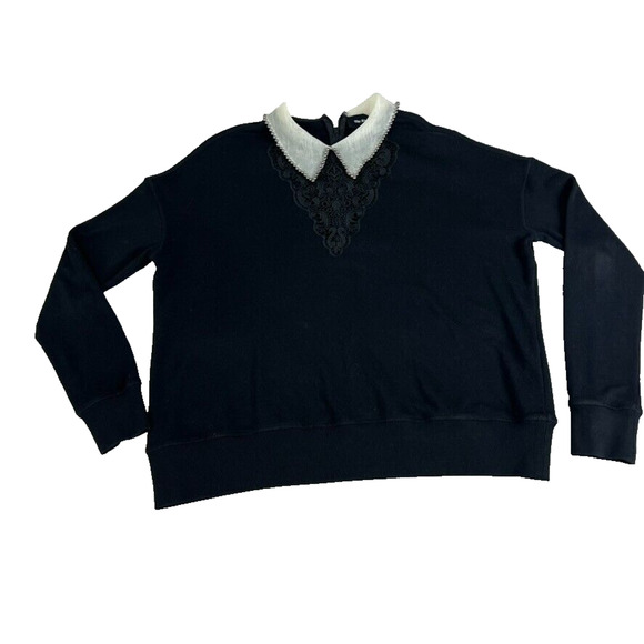 The Kooples Sweater Womens 2 Black Cream Beaded Collar Lace Detail - Picture 1 of 9